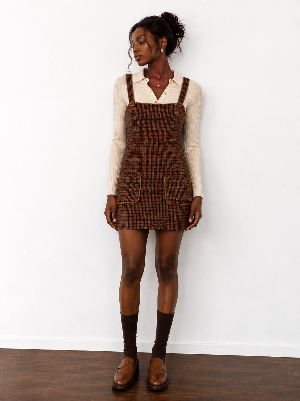 Wool Houndstooth Plaid Pinafore Mini Dress Size 6 Jewel Button Brown Multicolor