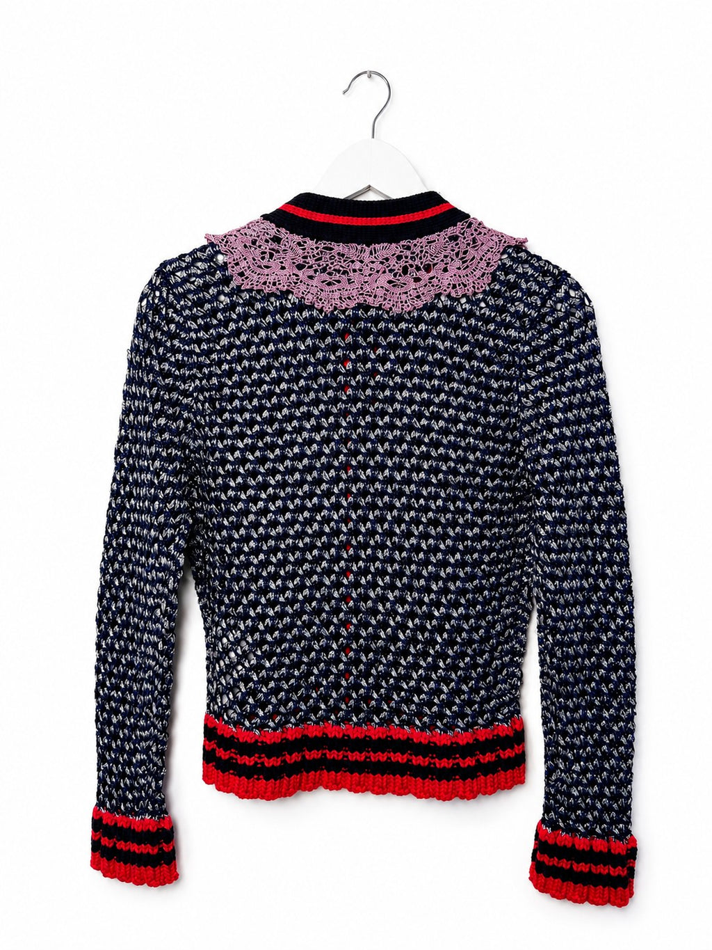 Gucci Metallic Knit Cardigan Navy Silver w/ Pink Lace Collar Pearl Buttons