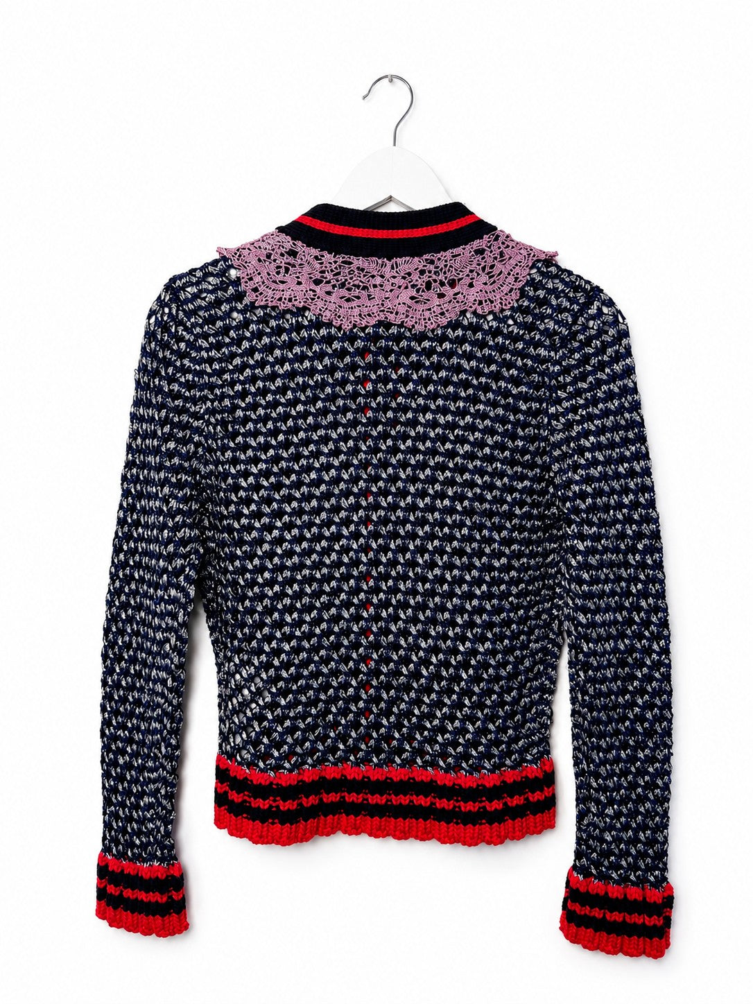 Gucci Metallic Knit Cardigan Navy Silver w/ Pink Lace Collar Pearl Buttons