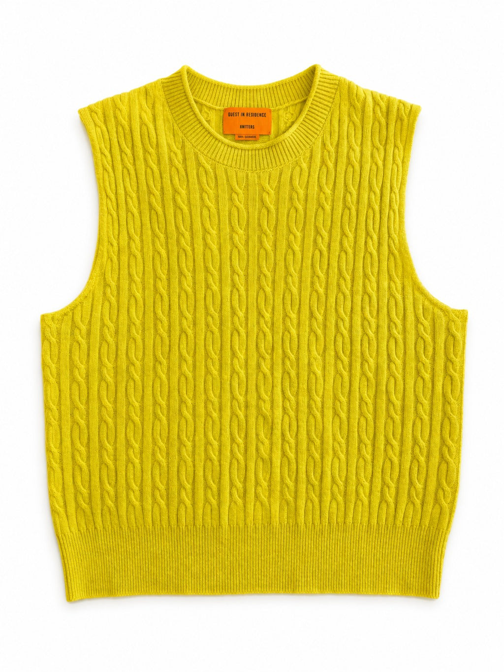 Guest in Residence 100% Cashmere Cable Knit Sweater Vest Yellow Crewneck Sleeveless