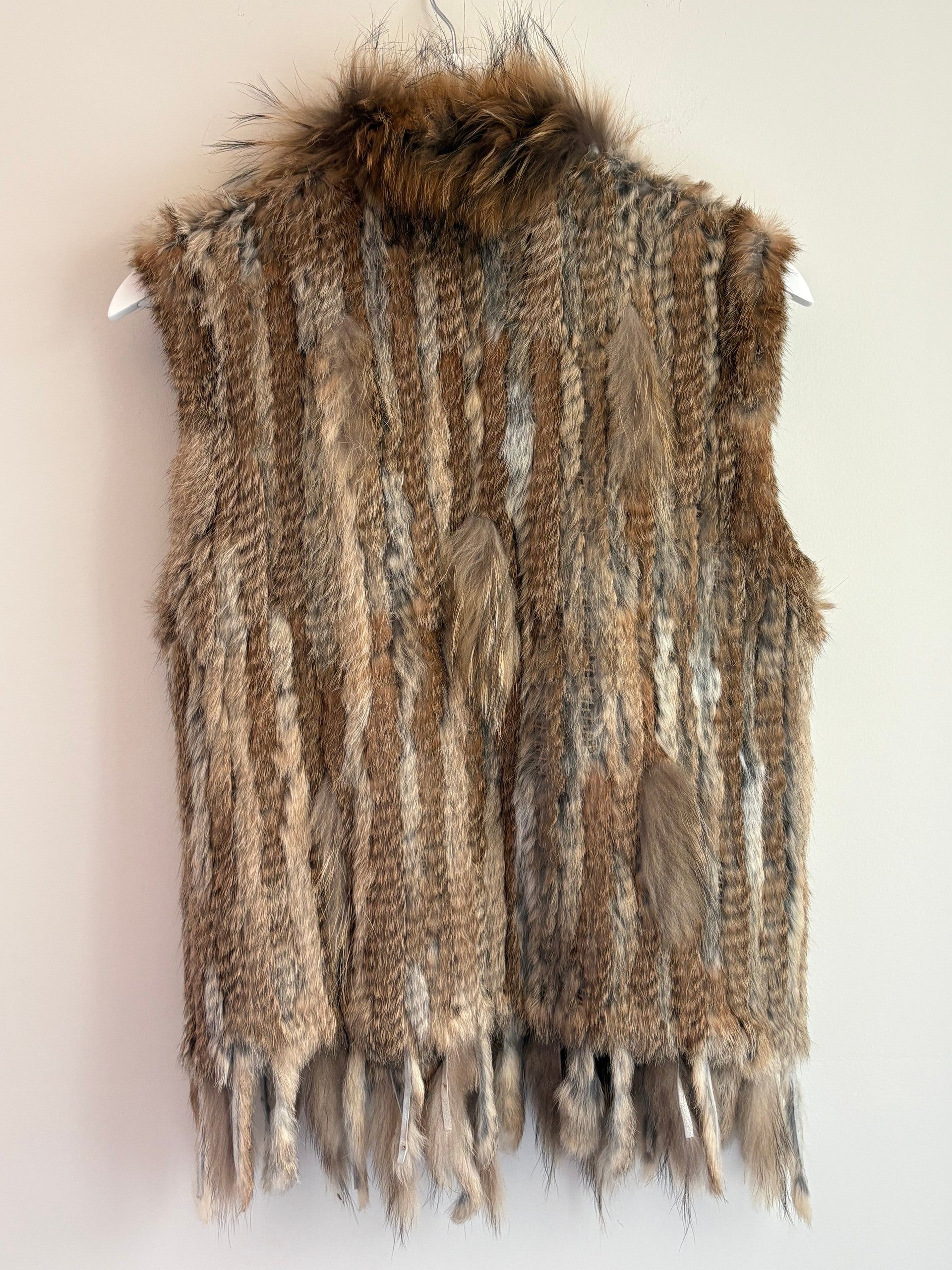 Knitted Rabbit Fur Vest w/ Raccoon Fur Trim Collar Brown Sleeveless Gilet