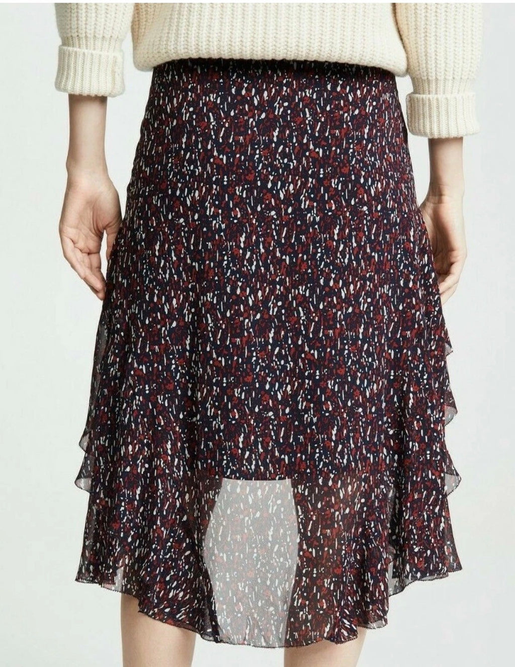 Tiered Ruffle Chiffon Midi Skirt Navy Red Abstract Print High-Low Asymmetric