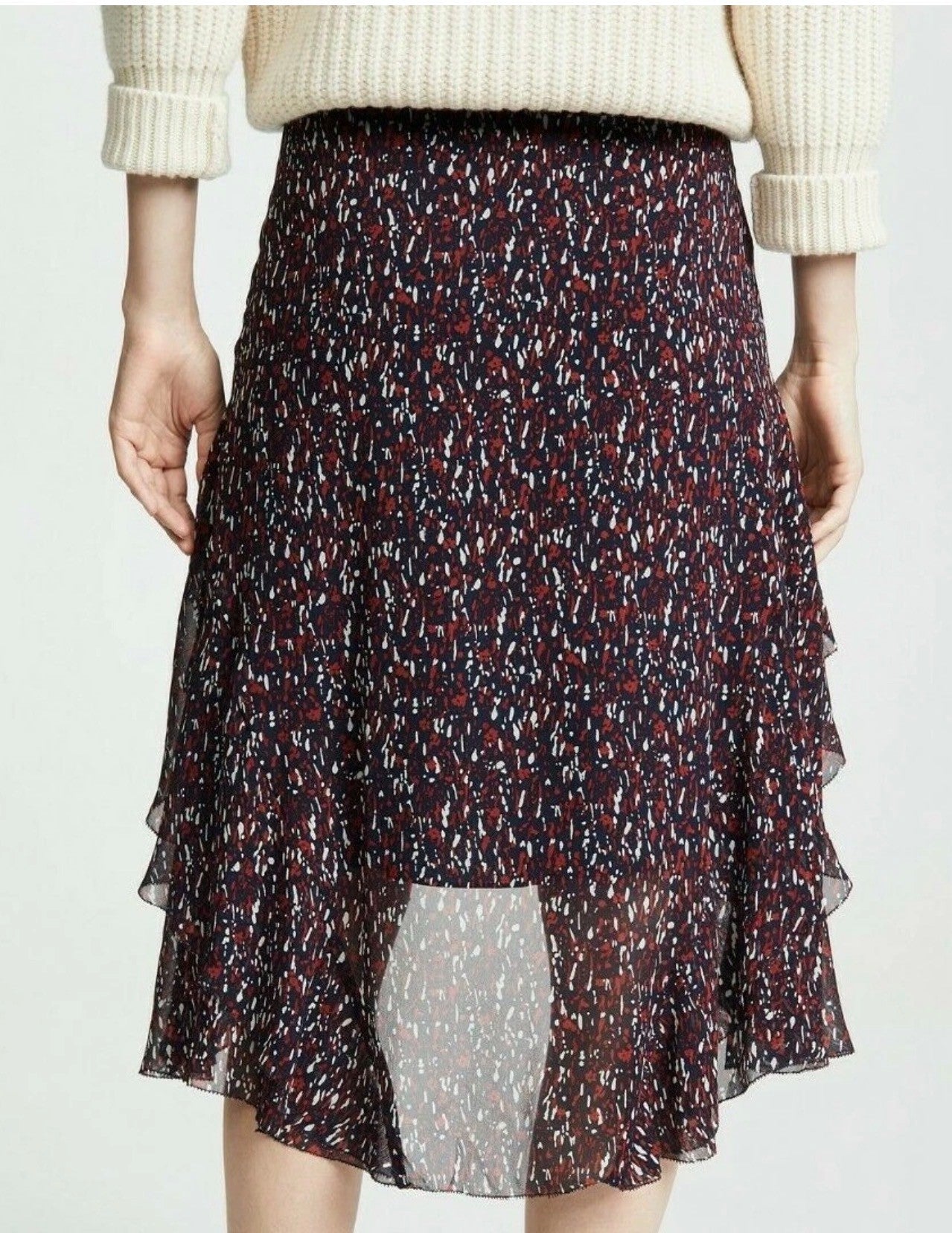 Tiered Ruffle Chiffon Midi Skirt Navy Red Abstract Print High-Low Asymmetric