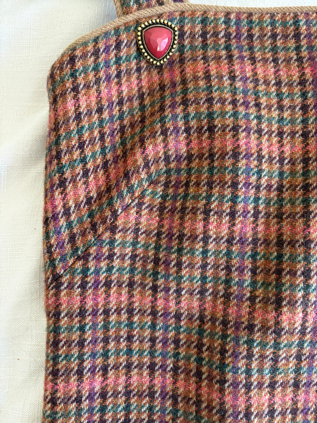 Wool Houndstooth Plaid Pinafore Mini Dress Size 6 Jewel Button Brown Multicolor