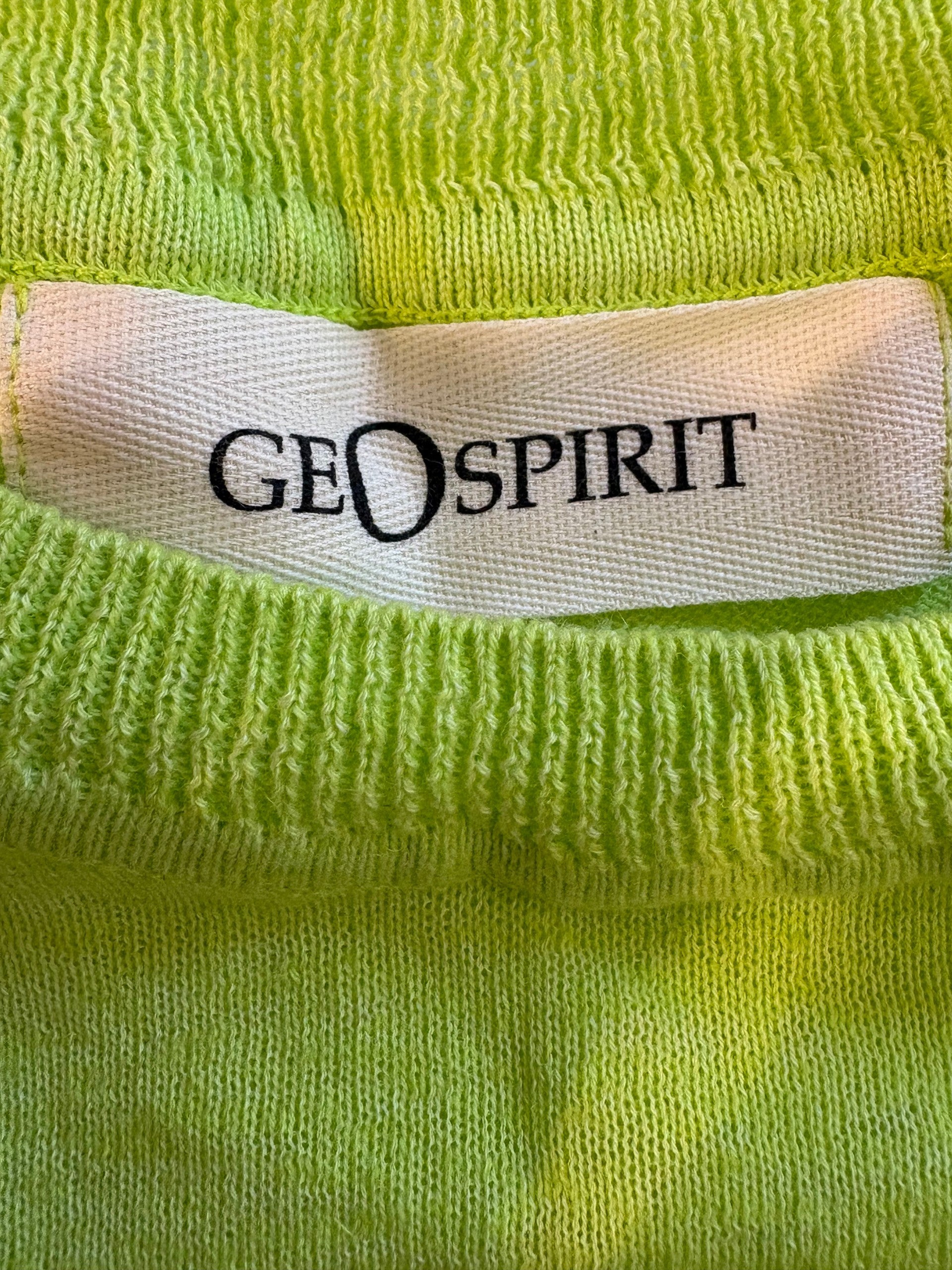 Geospirit Lime Green Short Sleeve Knit Top Embroidered "Concielo Blue Limpida"