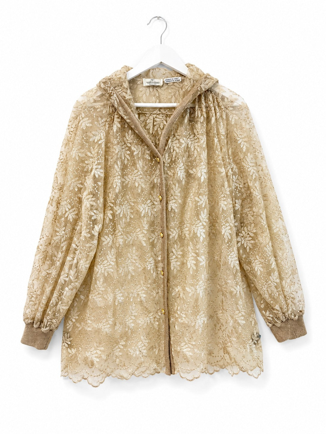Vintage Valentino Boutique Sheer Floral Lace Hooded Blouse Jacket Gold Buttons