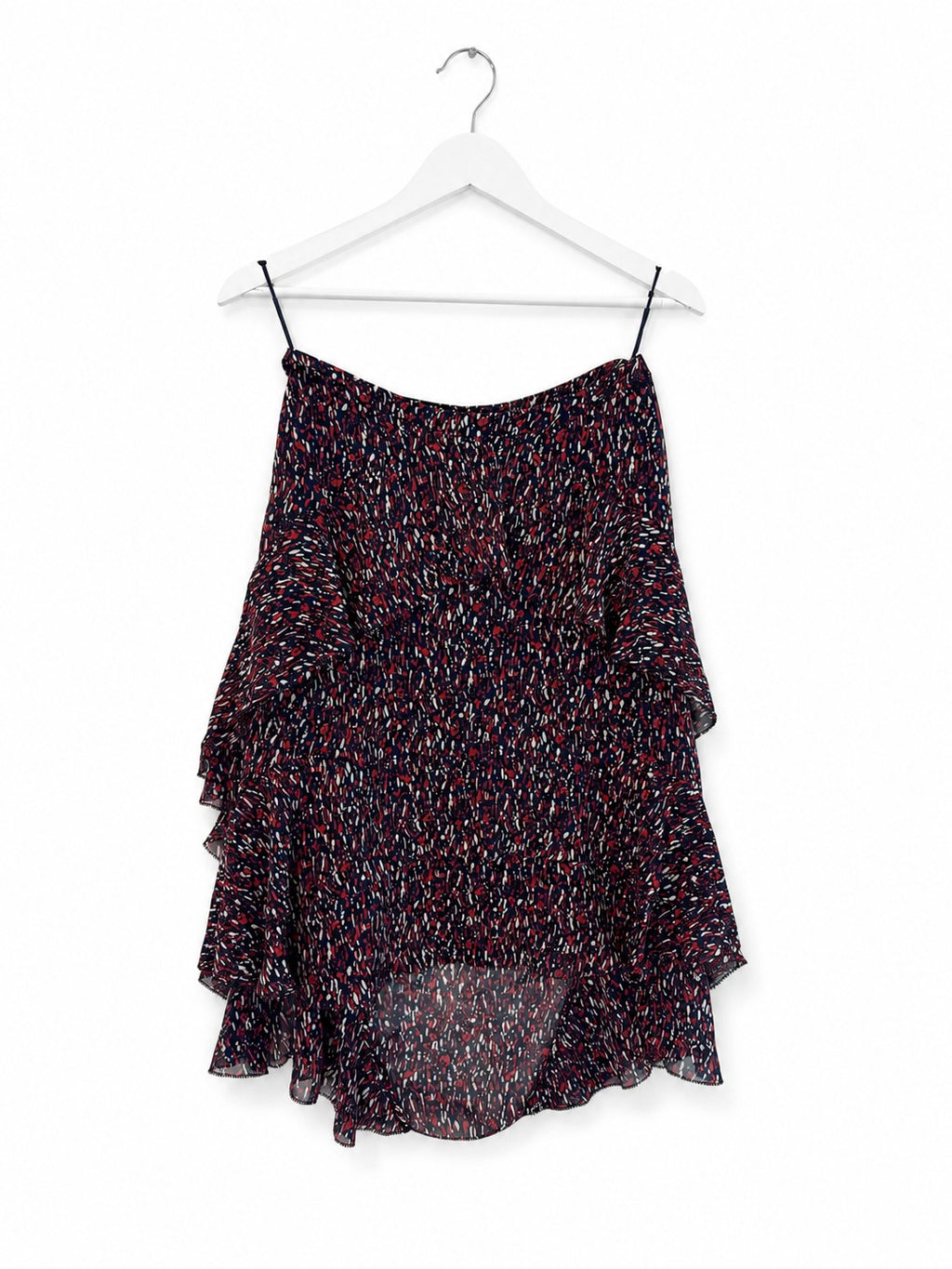 Tiered Ruffle Chiffon Midi Skirt Navy Red Abstract Print High-Low Asymmetric