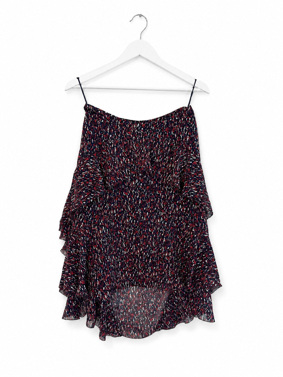 Tiered Ruffle Chiffon Midi Skirt Navy Red Abstract Print High-Low Asymmetric