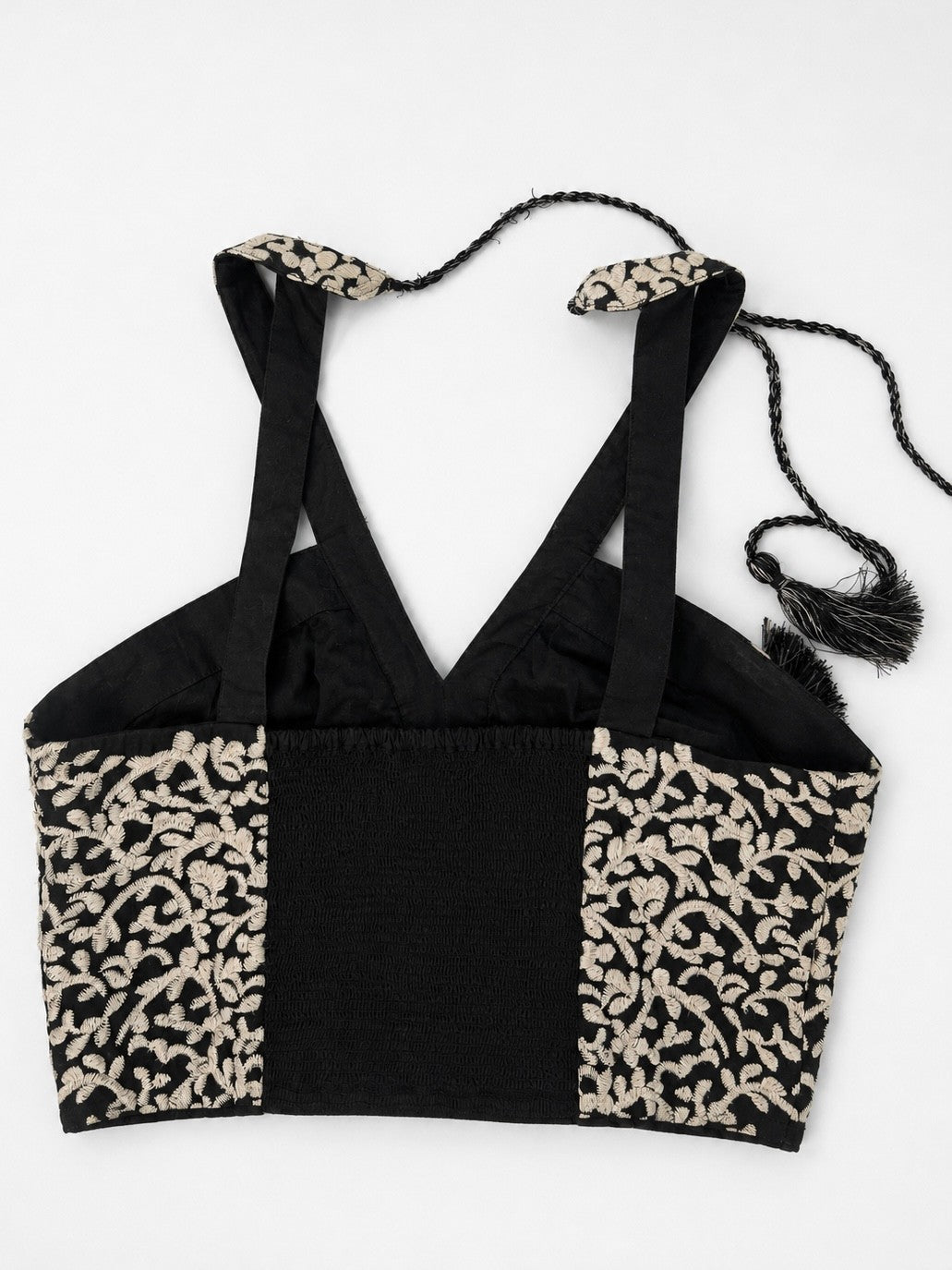 Boho Embroidered Cropped Tie-Shoulder Corset Top Black Cream Floral Tassels