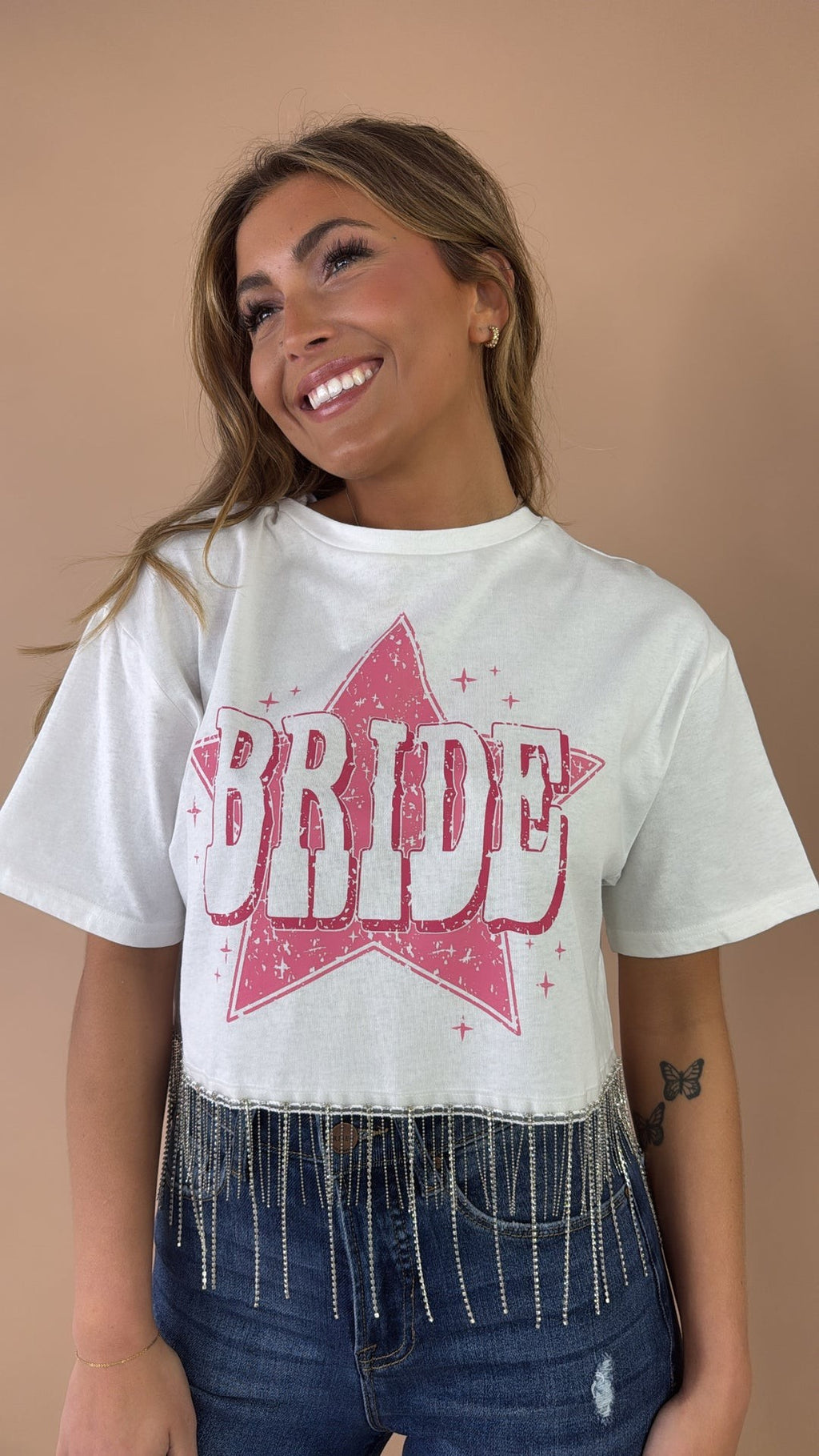 Baublely BRIDE Rhinestone Fringe Crop Tee White Pink Star Graphic Bachelorette M