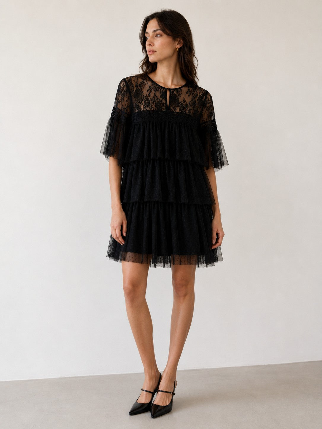 Zara Black Lace Tulle Tiered Babydoll Mini Dress Sheer Yoke Ruffle Long Sleeve