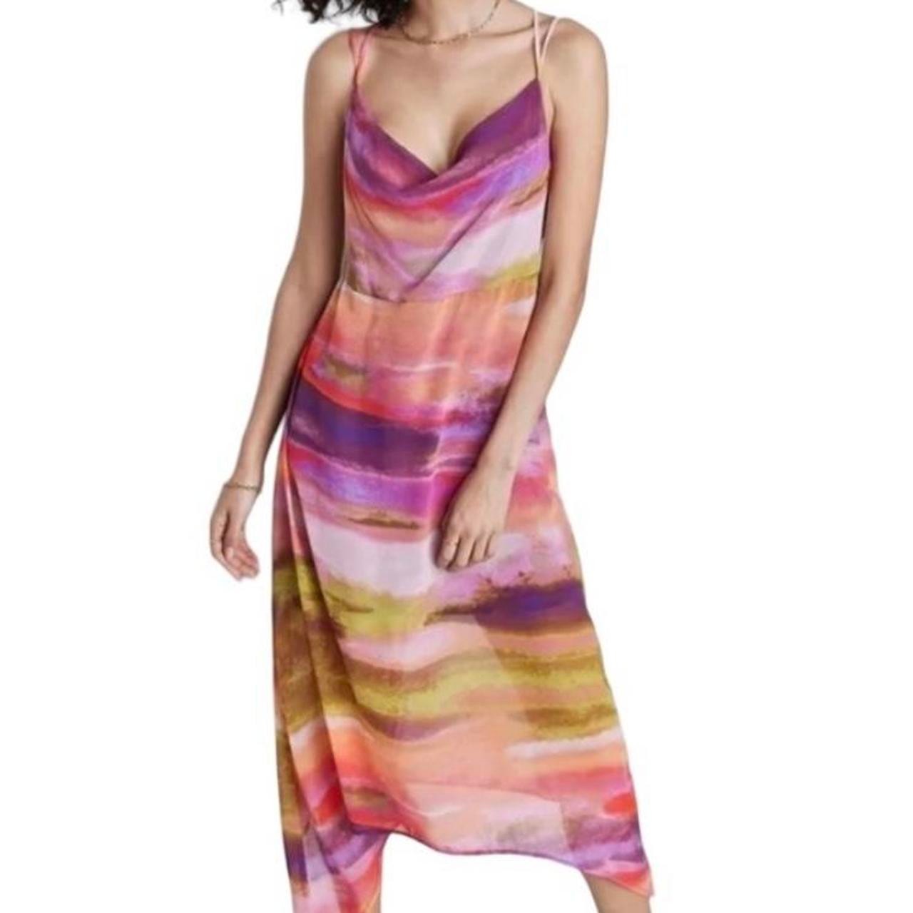 Watercolor Abstract Print Cowl Neck Strappy Back Slip Maxi Dress Multicolor