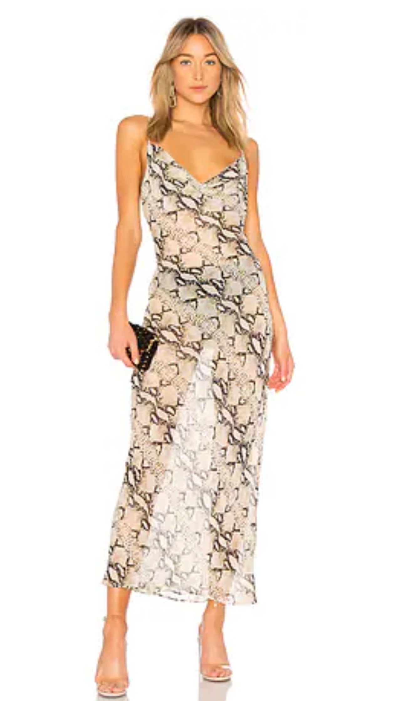 Snake Print Cowl Neck Slip Dress Midi Adjustable Straps Bias Cut Beige Black
