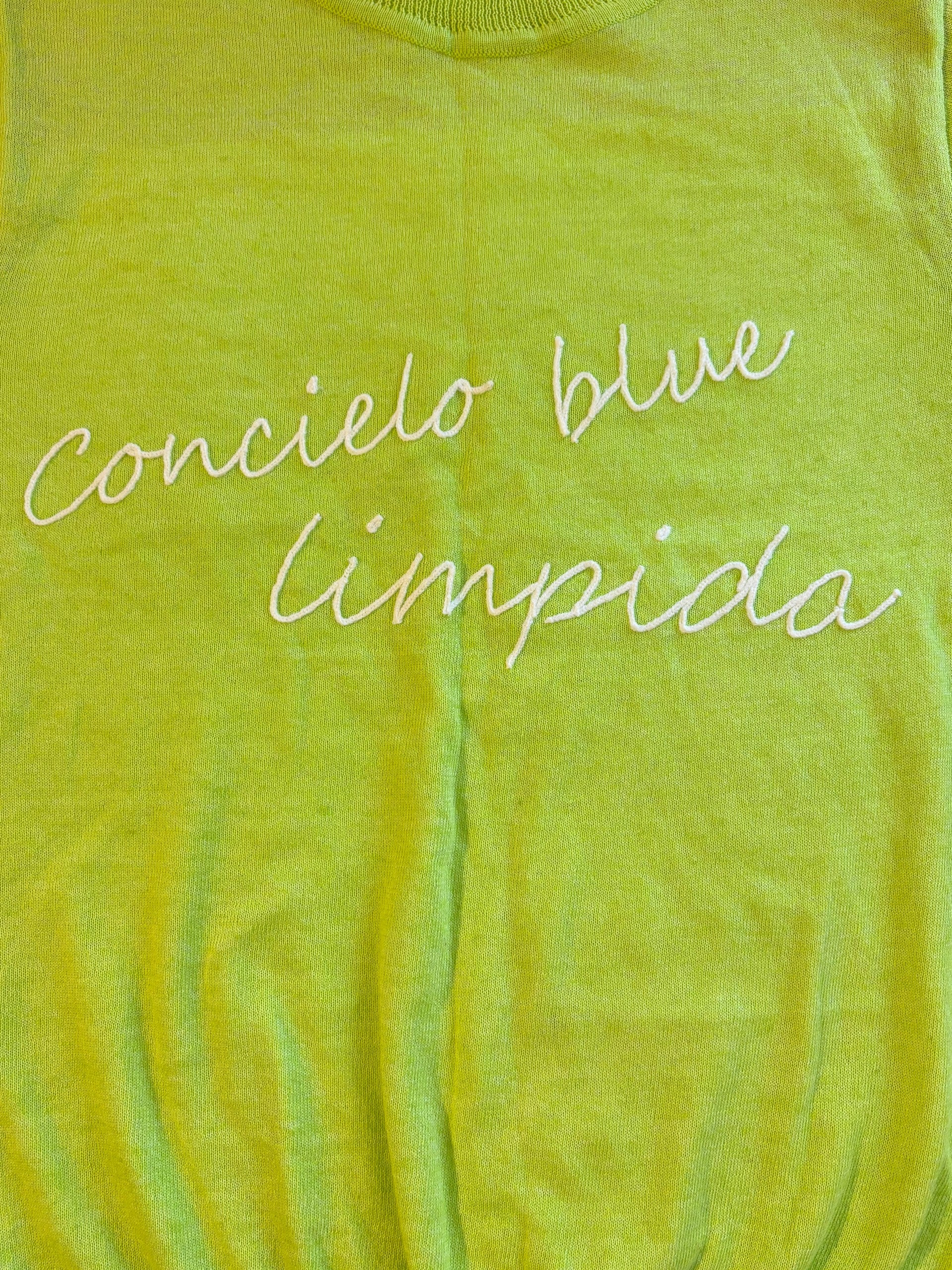 Geospirit Lime Green Short Sleeve Knit Top Embroidered "Concielo Blue Limpida"