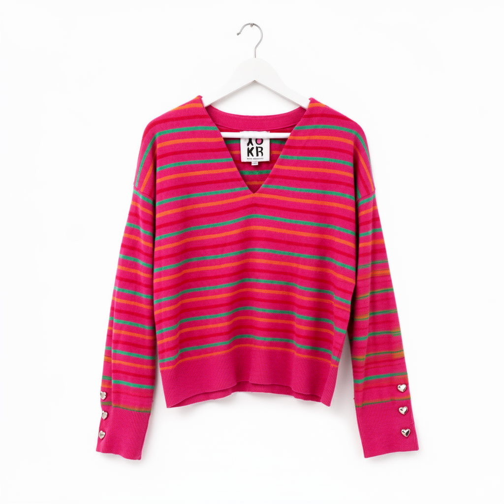 XO KR Kerri Rosenthal Pink Striped V-Neck Sweater Heart Button Cuffs Womens