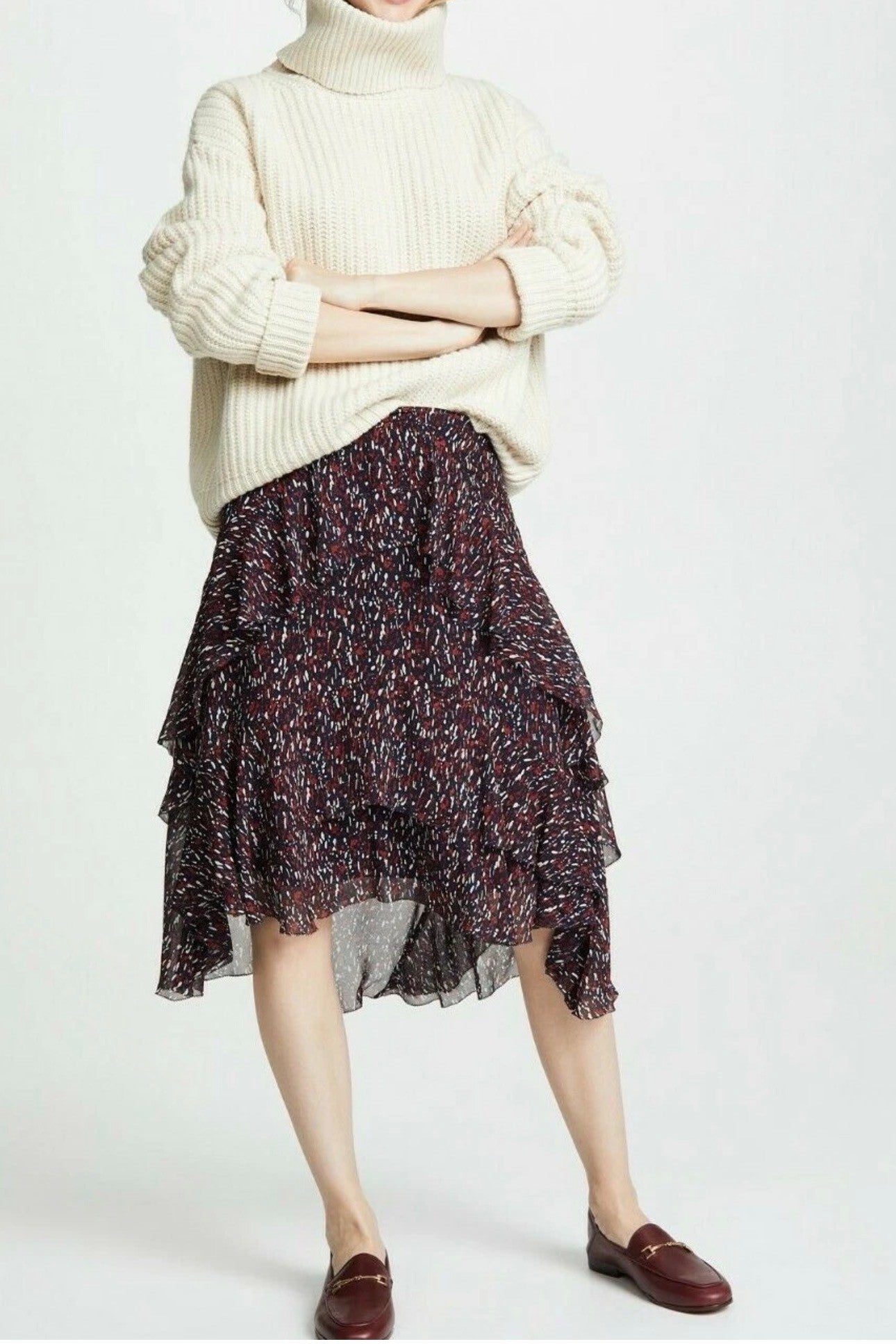 Tiered Ruffle Chiffon Midi Skirt Navy Red Abstract Print High-Low Asymmetric