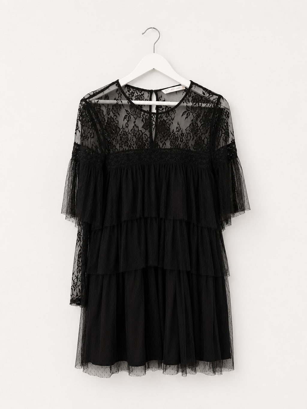 Zara Black Lace Tulle Tiered Babydoll Mini Dress Sheer Yoke Ruffle Long Sleeve