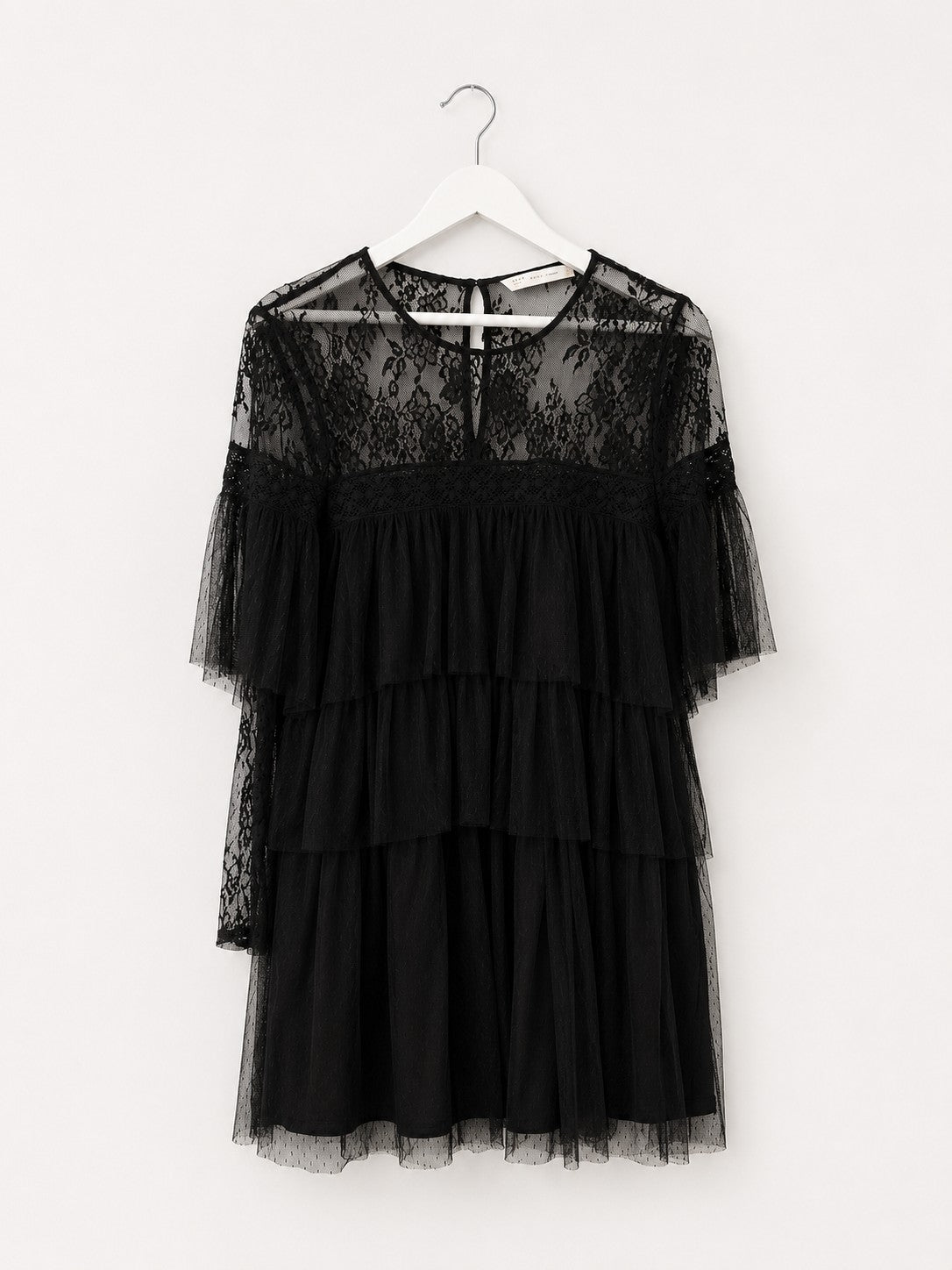 Zara Black Lace Tulle Tiered Babydoll Mini Dress Sheer Yoke Ruffle Long Sleeve