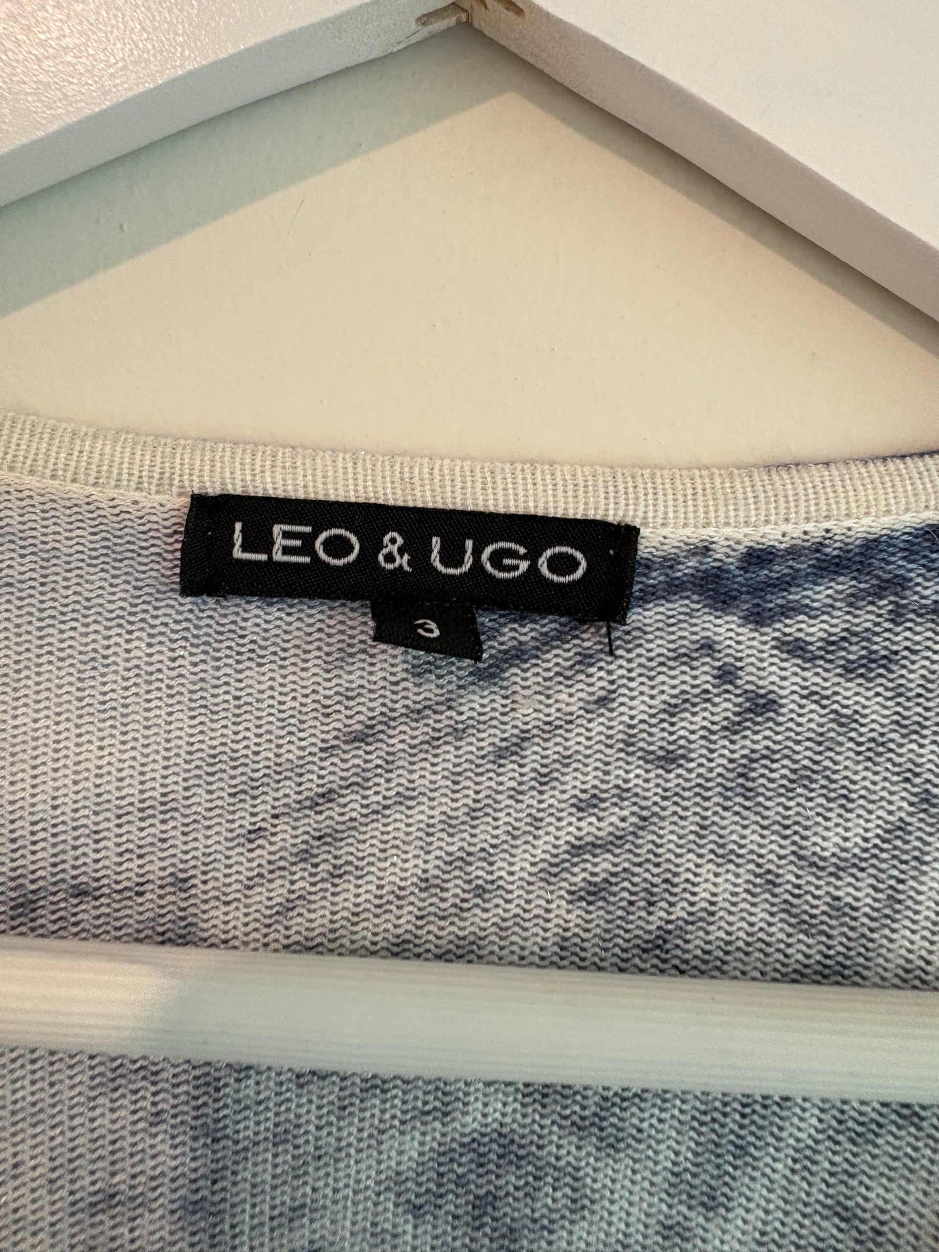LEO & UGO Women's Denim-Print Cardigan Blue Studded Trompe l'oeil V-Neck Size 3
