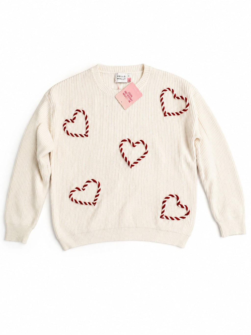 Hello Molly Cream Candy Cane Heart Knit Sweater Christmas Oversized Womens M/L