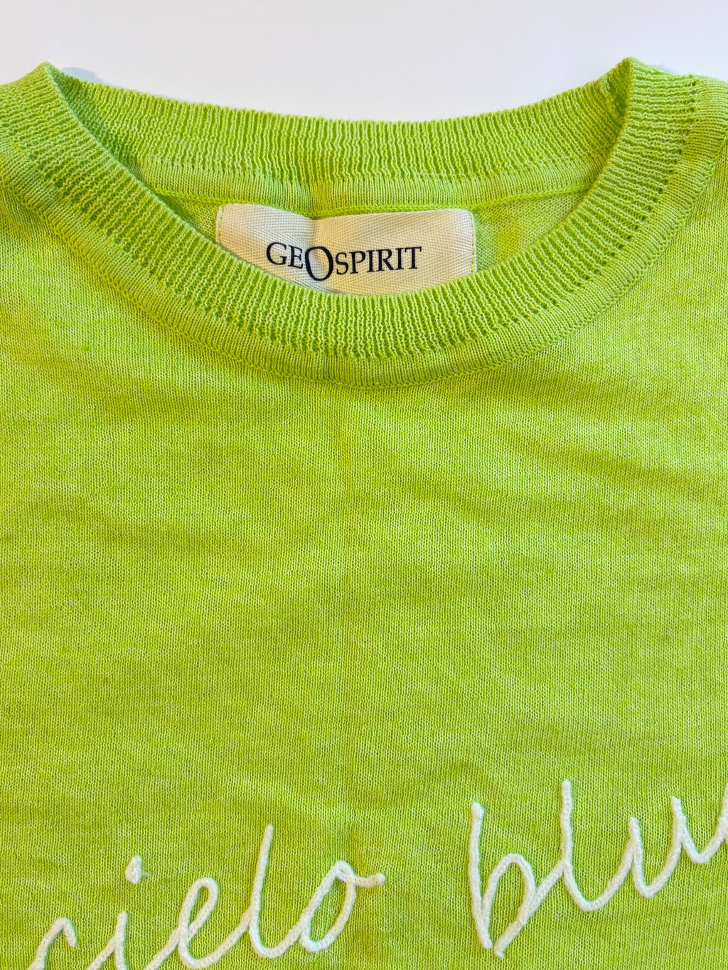 Geospirit Lime Green Short Sleeve Knit Top Embroidered "Concielo Blue Limpida"