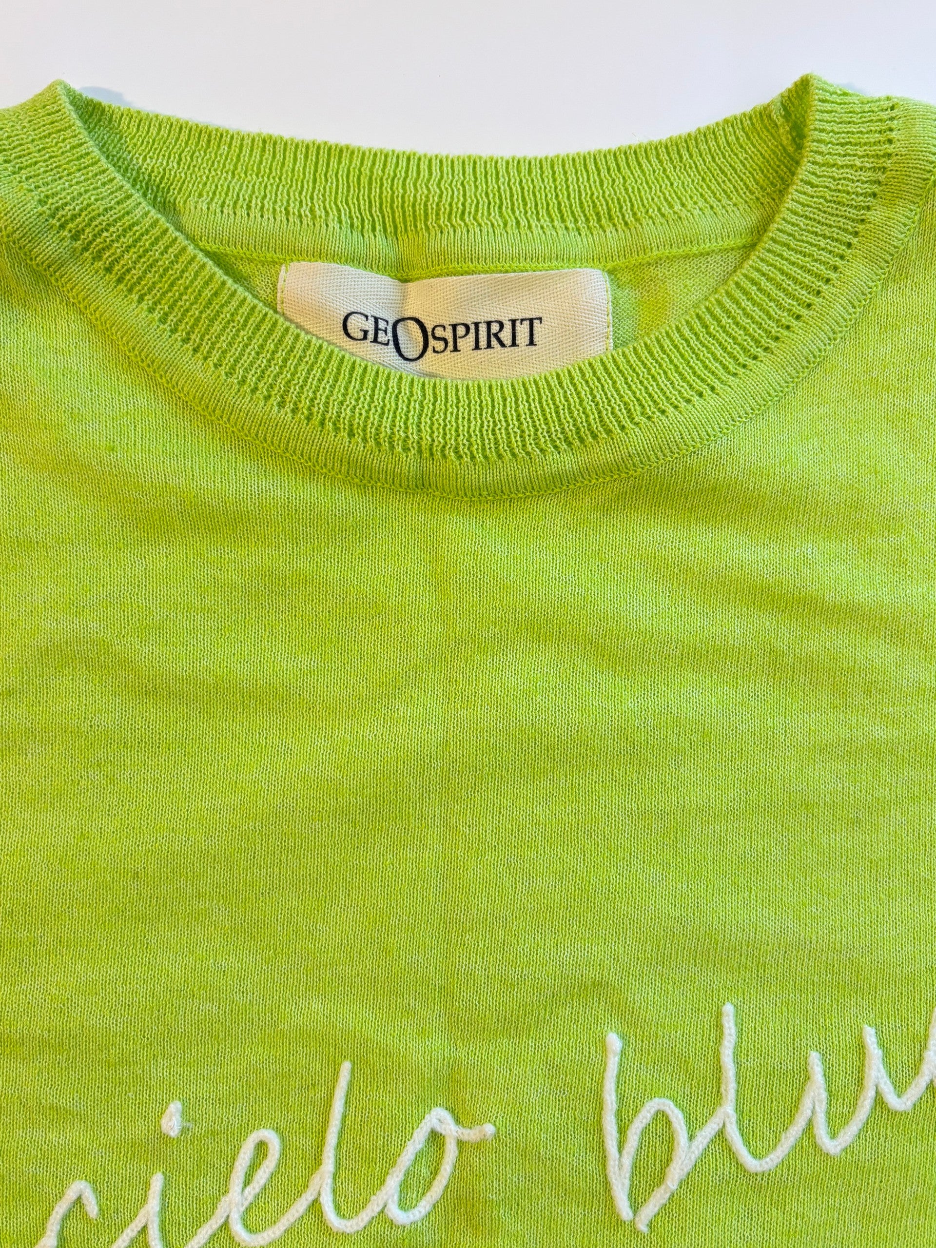 Geospirit Lime Green Short Sleeve Knit Top Embroidered "Concielo Blue Limpida"