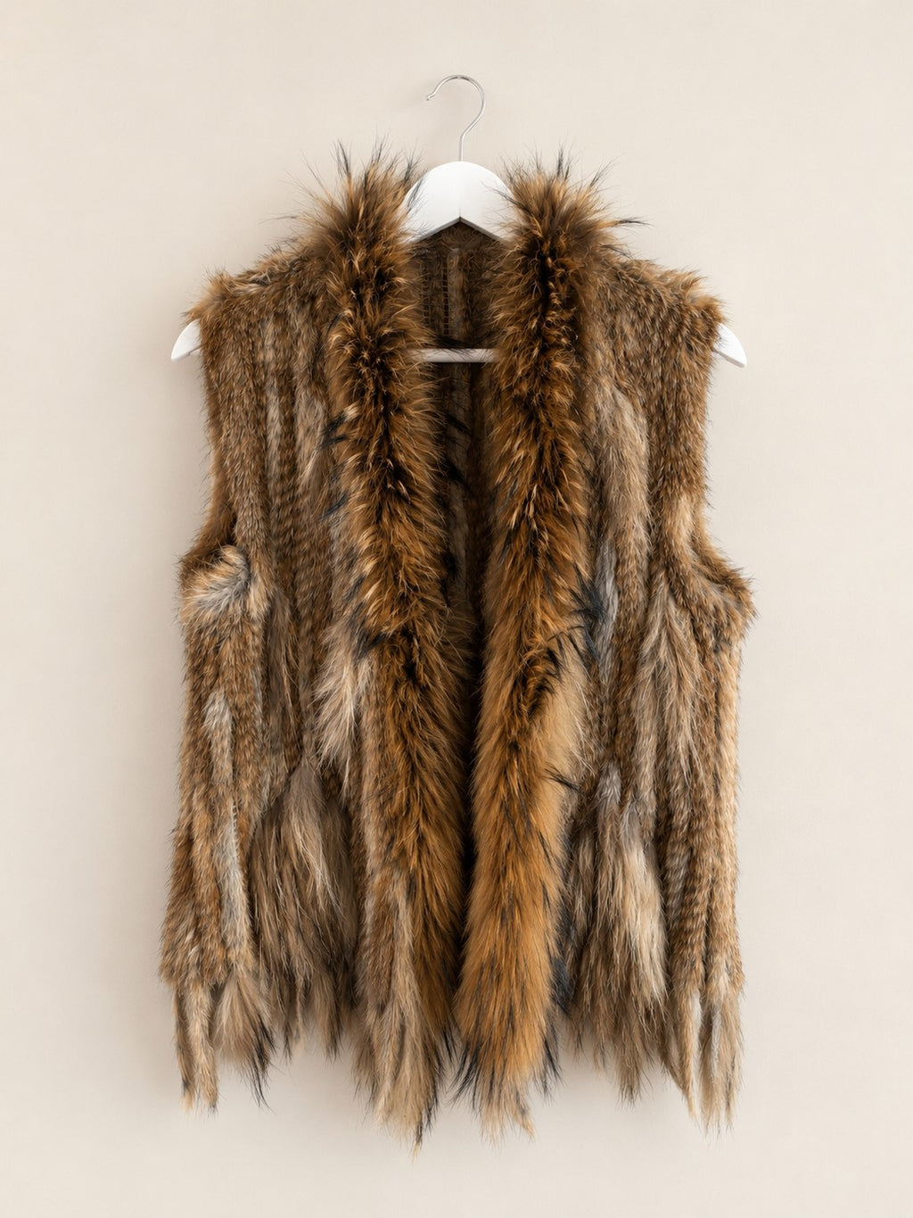 Knitted Rabbit Fur Vest w/ Raccoon Fur Trim Collar Brown Sleeveless Gilet