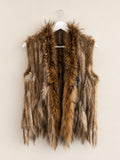 Knitted Rabbit Fur Vest w/ Raccoon Fur Trim Collar Brown Sleeveless Gilet