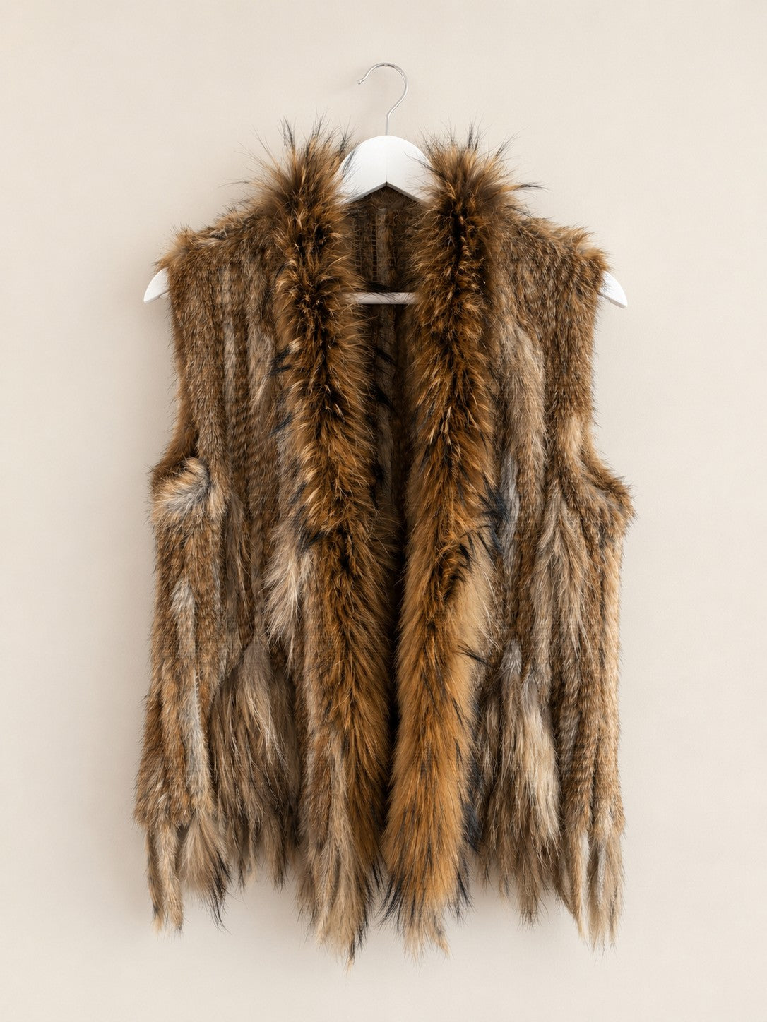 Knitted Rabbit Fur Vest w/ Raccoon Fur Trim Collar Brown Sleeveless Gilet