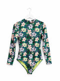 Women's Long Sleeve Surf Suit One Piece Swimsuit Green Tropical Hibiscus Floral