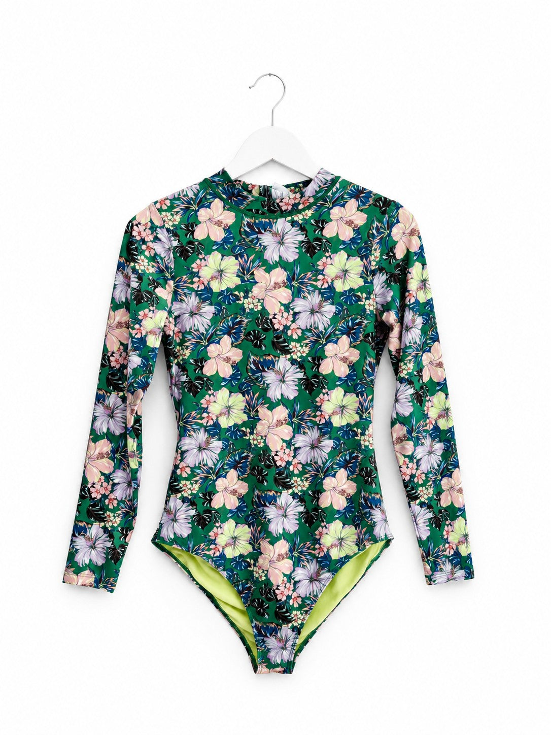 Women's Long Sleeve Surf Suit One Piece Swimsuit Green Tropical Hibiscus Floral