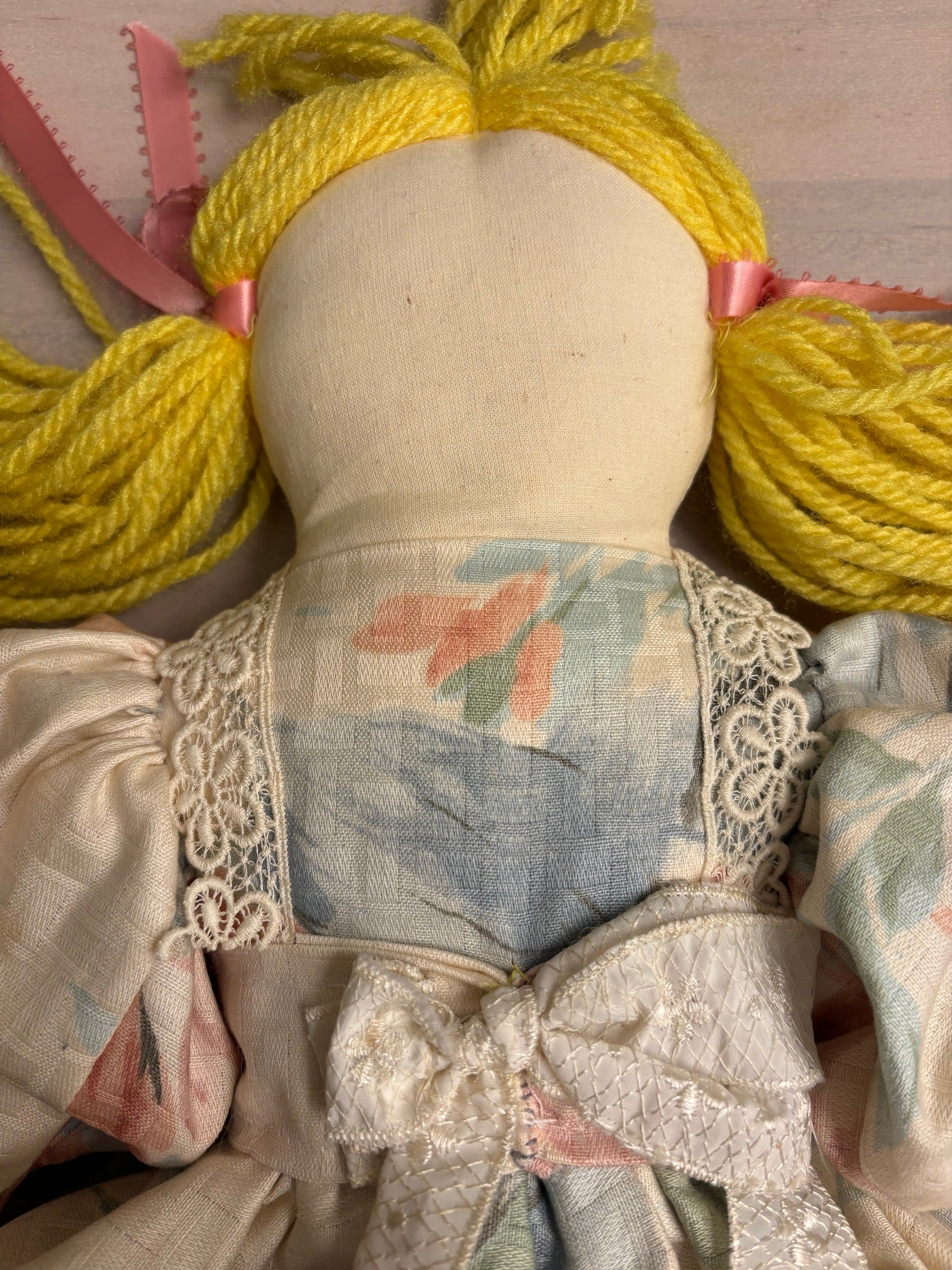 Handmade Cloth Rag Doll Yellow Yarn Hair Floral Rose Dress Black Shoes 18"