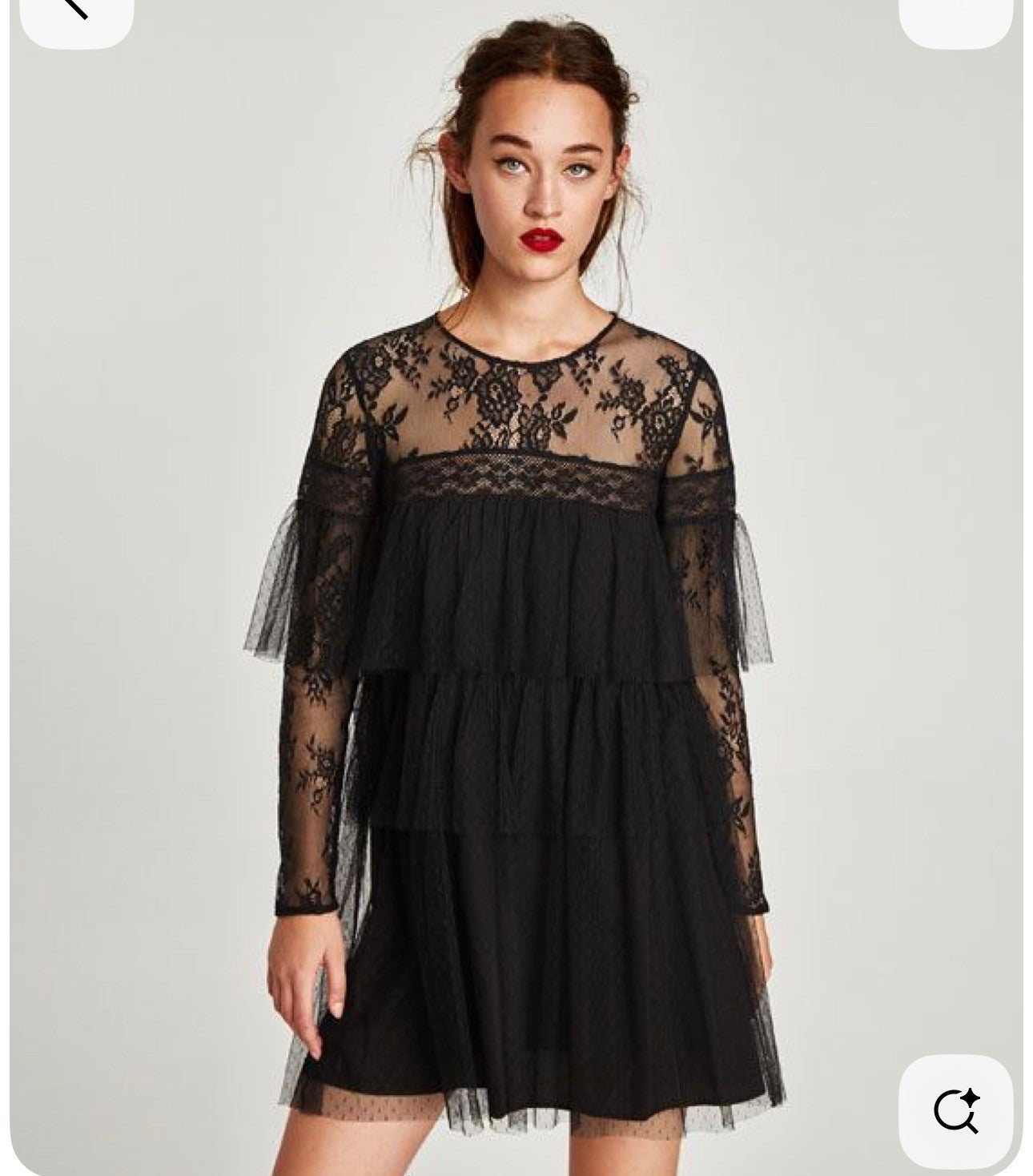 Zara Black Lace Tulle Tiered Babydoll Mini Dress Sheer Yoke Ruffle Long Sleeve