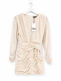 Zara Cream Beige Long Sleeve Ruched Draped Mini Dress Women's NWT