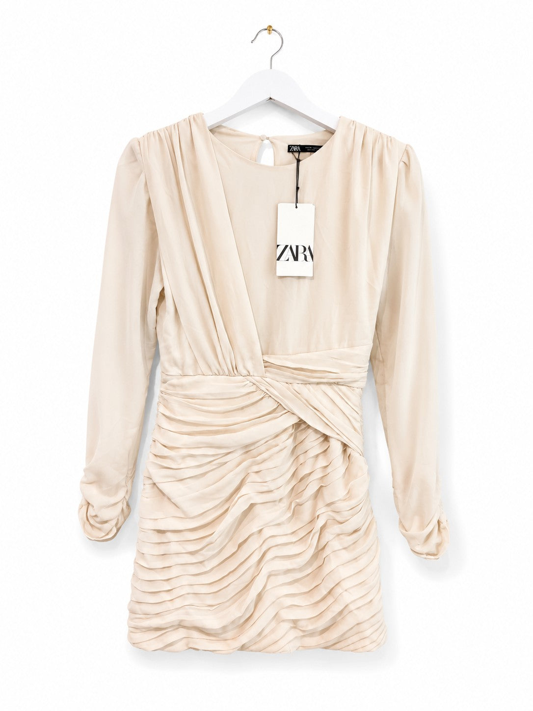 Zara Cream Beige Long Sleeve Ruched Draped Mini Dress Women's NWT