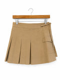 Khaki Pleated Mini Skirt with Cargo Flap Pocket & Side Buckle Tab