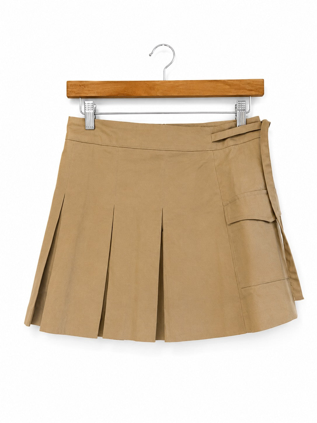 Khaki Pleated Mini Skirt with Cargo Flap Pocket & Side Buckle Tab