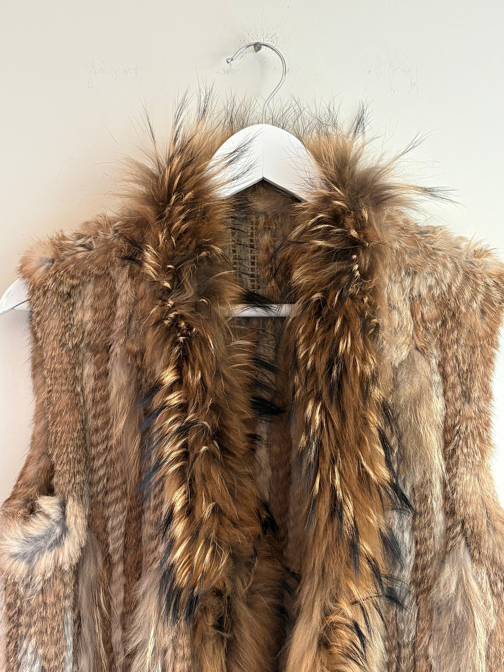 Knitted Rabbit Fur Vest w/ Raccoon Fur Trim Collar Brown Sleeveless Gilet