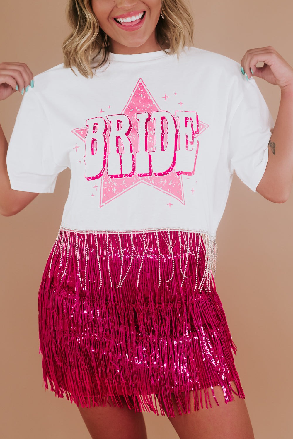 Baublely BRIDE Rhinestone Fringe Crop Tee White Pink Star Graphic Bachelorette M