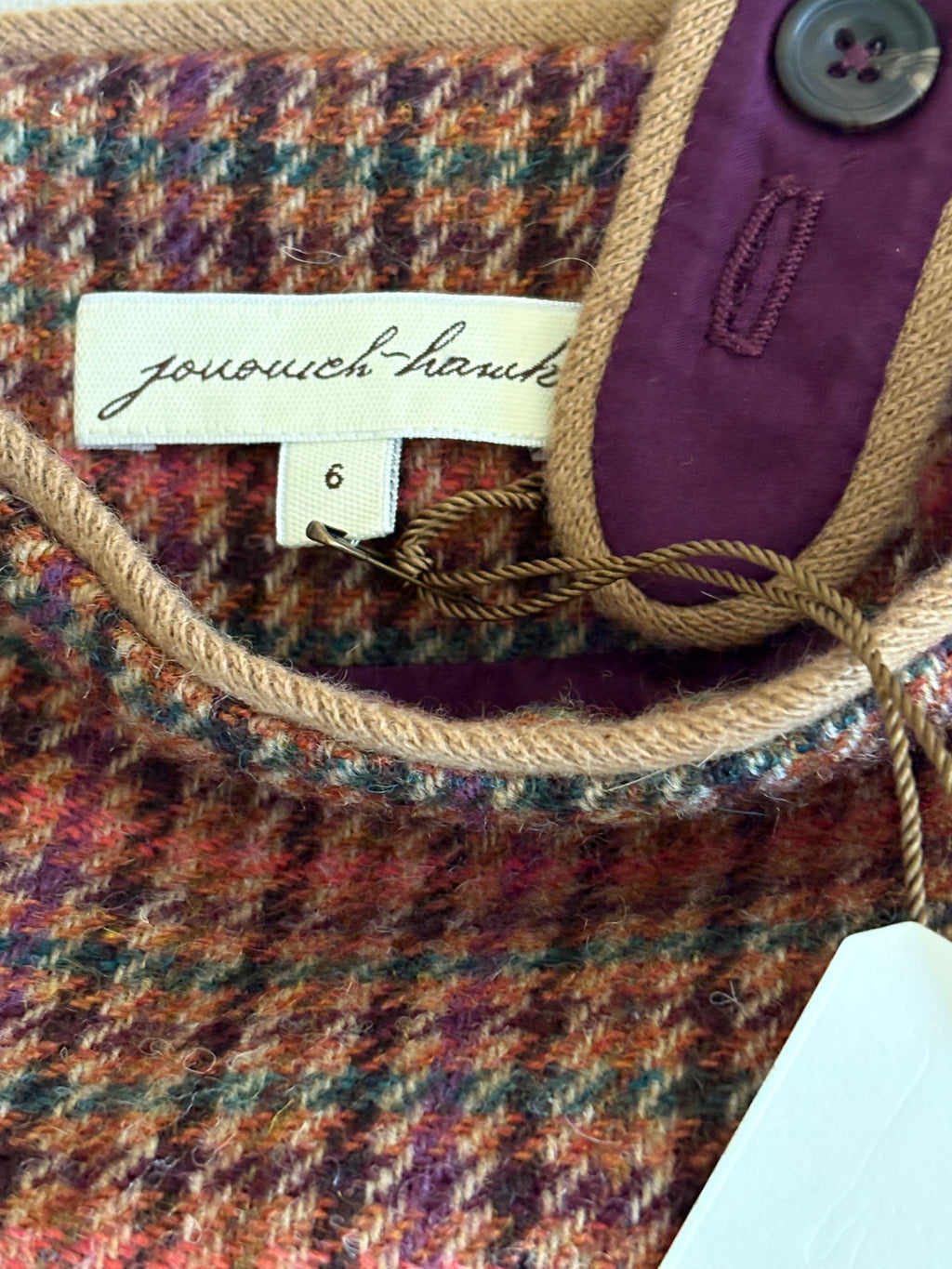 Wool Houndstooth Plaid Pinafore Mini Dress Size 6 Jewel Button Brown Multicolor