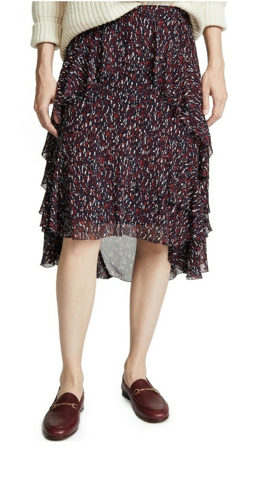 Tiered Ruffle Chiffon Midi Skirt Navy Red Abstract Print High-Low Asymmetric