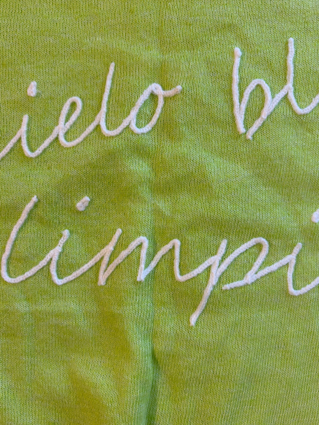 Geospirit Lime Green Short Sleeve Knit Top Embroidered "Concielo Blue Limpida"