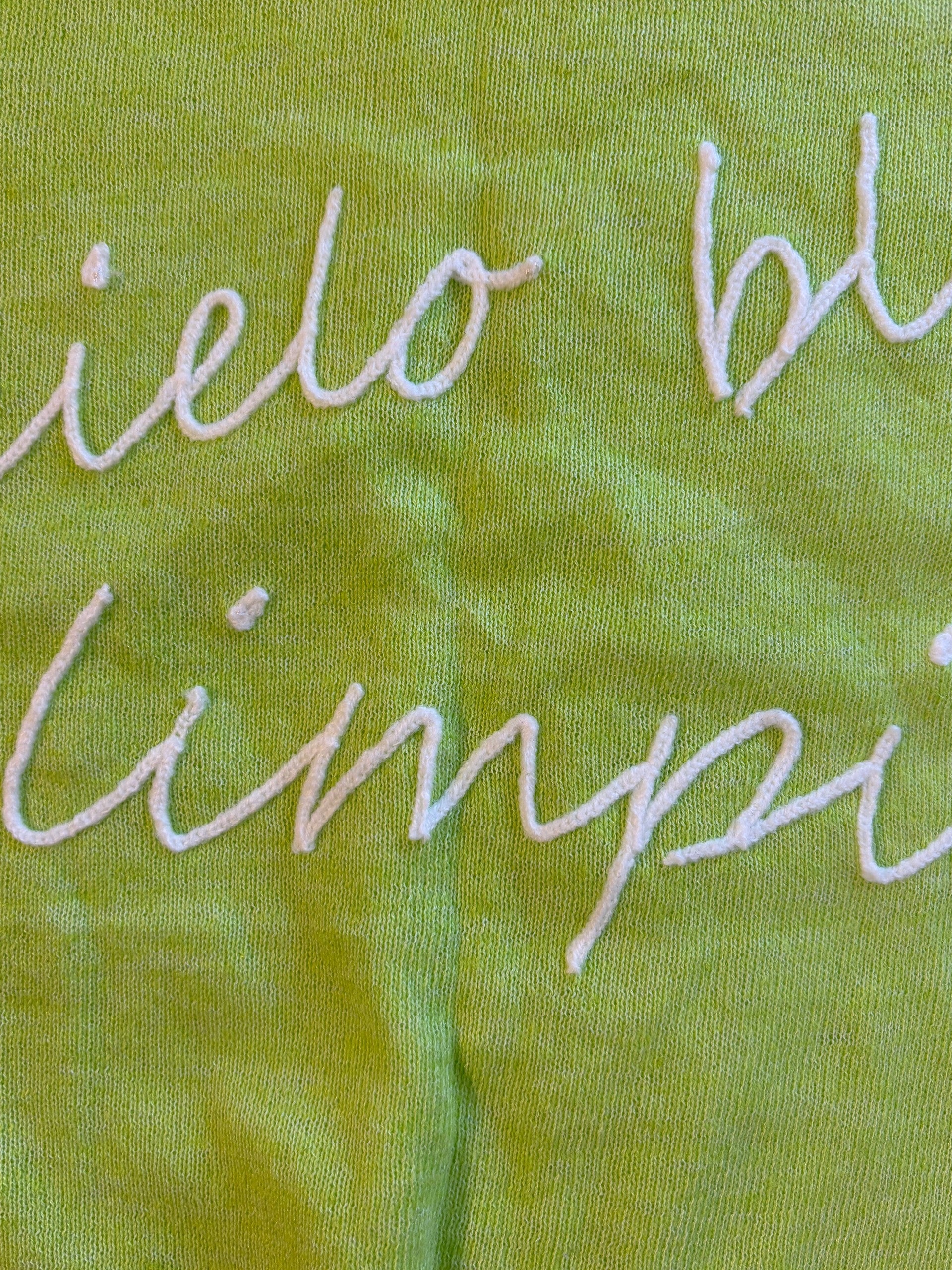 Geospirit Lime Green Short Sleeve Knit Top Embroidered "Concielo Blue Limpida"