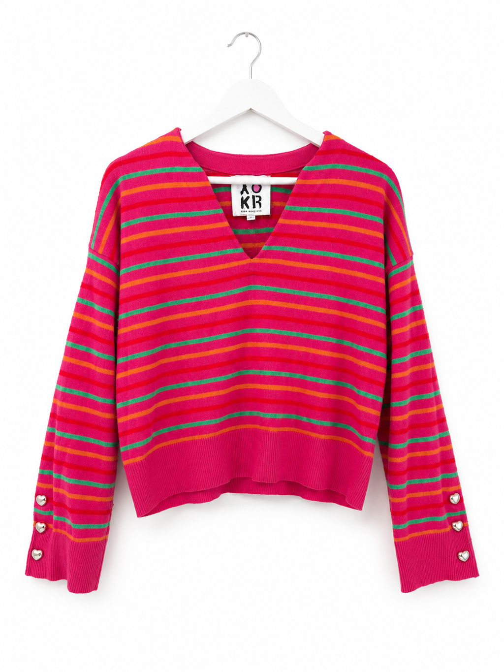 XO KR Kerri Rosenthal Pink Striped V-Neck Sweater Heart Button Cuffs Womens