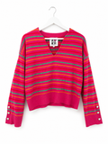 XO KR Kerri Rosenthal Pink Striped V-Neck Sweater Heart Button Cuffs Womens