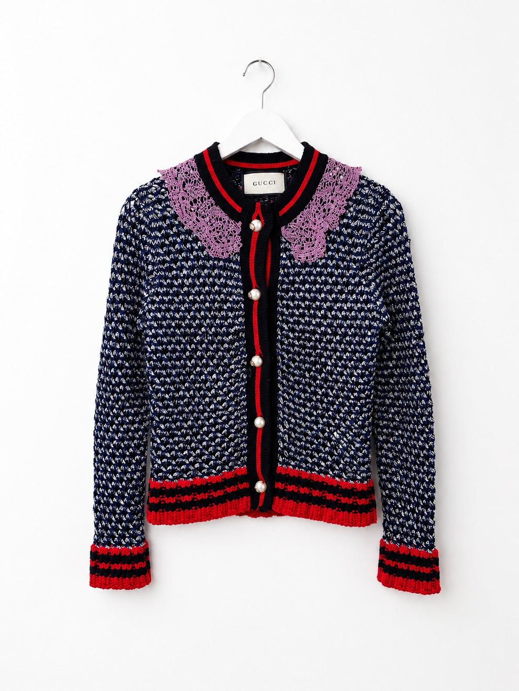 Gucci Metallic Knit Cardigan Navy Silver w/ Pink Lace Collar Pearl Buttons