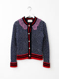 Gucci Metallic Knit Cardigan Navy Silver w/ Pink Lace Collar Pearl Buttons
