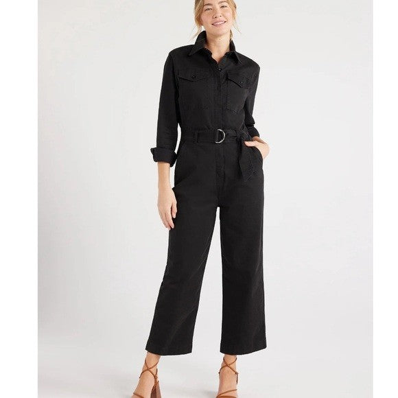 Free Assembly Women's Black Belted Utility Jumpsuit Long Sleeve Wide Leg Size M