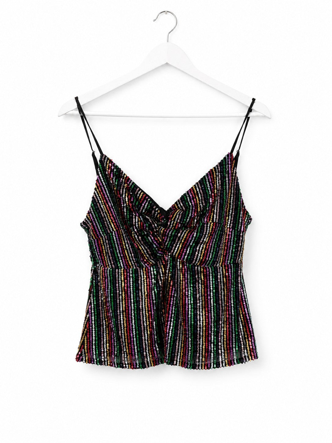 Women's Rainbow Striped Sequin V-Neck Cami Party Top Adjustable Straps