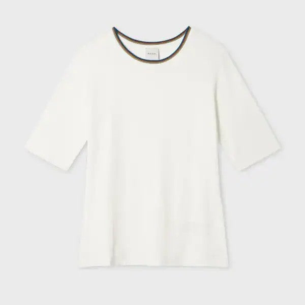 Paul Smith Women's Cream T-Shirt Signature Stripe Ringer Neck Short Sleeve Tee
